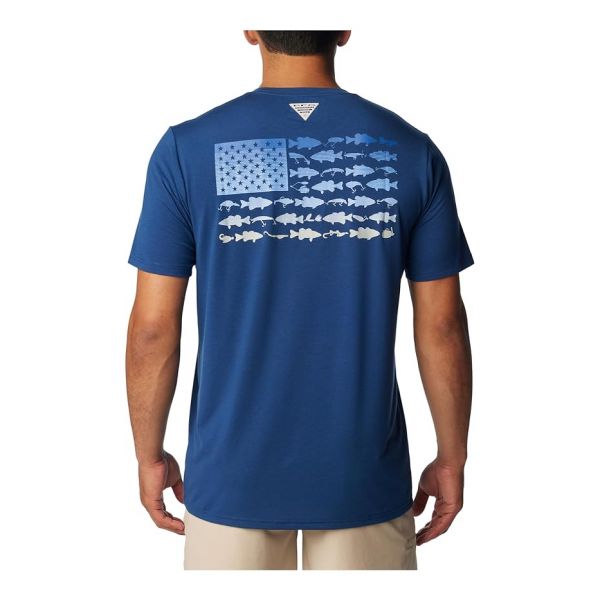 컬럼비아 PFG Fish 플래그 테크 티셔츠 숏슬리브 반팔 - Carbon/Vivid 블루 그래디언트 8664617