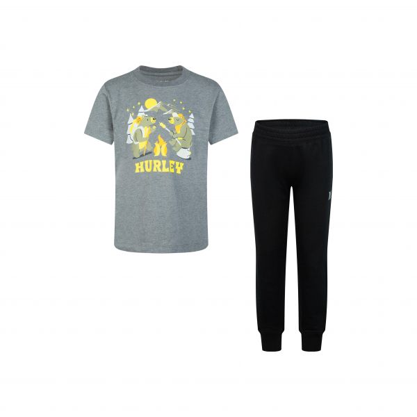 키즈 Hurley 키즈 숏슬리브 반팔 GFX 티셔츠 &amp; 플리스 후리스 팬츠 바지 세트 - 차콜 헤더 7993576